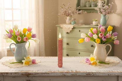 Primitive Spring Easter 6.25" Pink Colored LED Taper Candle w/ Timer - The Primitive Pineapple Collection