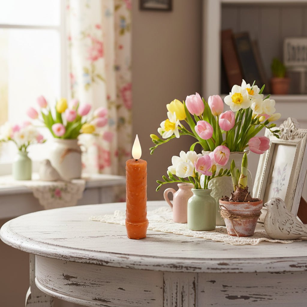 Primitive Rustic 4.25" Orange Colored LED Taper Candle w/ Timer - The Primitive Pineapple Collection