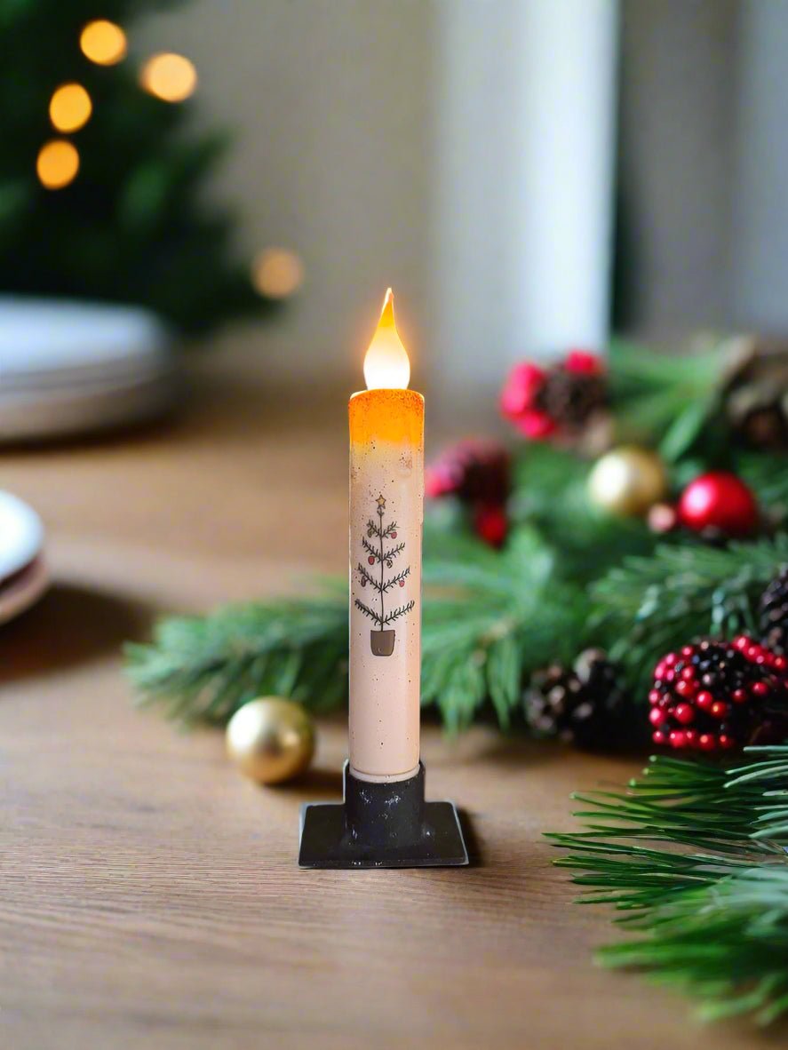 Primitive Christmas 7&quot; Feather Tree LED Timer Taper Candle - The Primitive Pineapple Collection