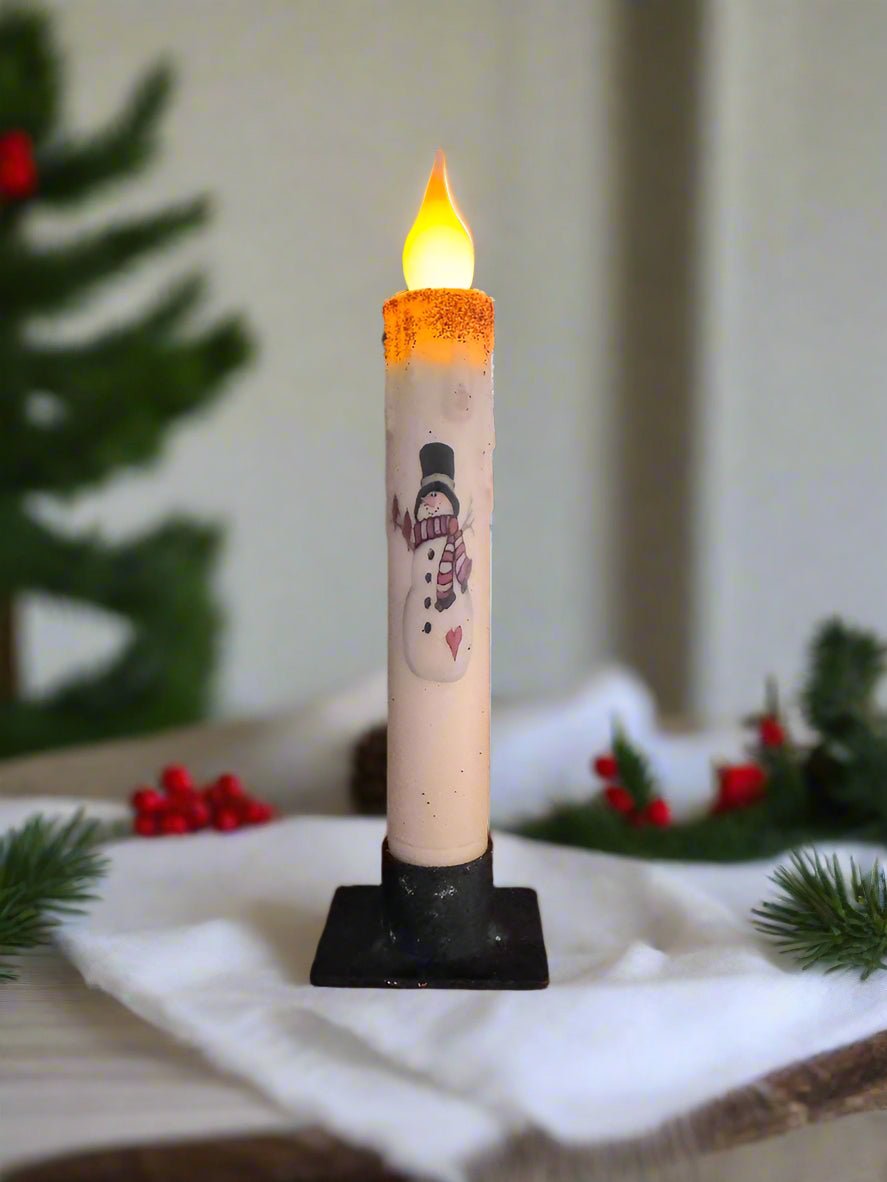 Primitive Christmas 7&quot; Snowman with Cardinals LED Timer Taper Candle - The Primitive Pineapple Collection
