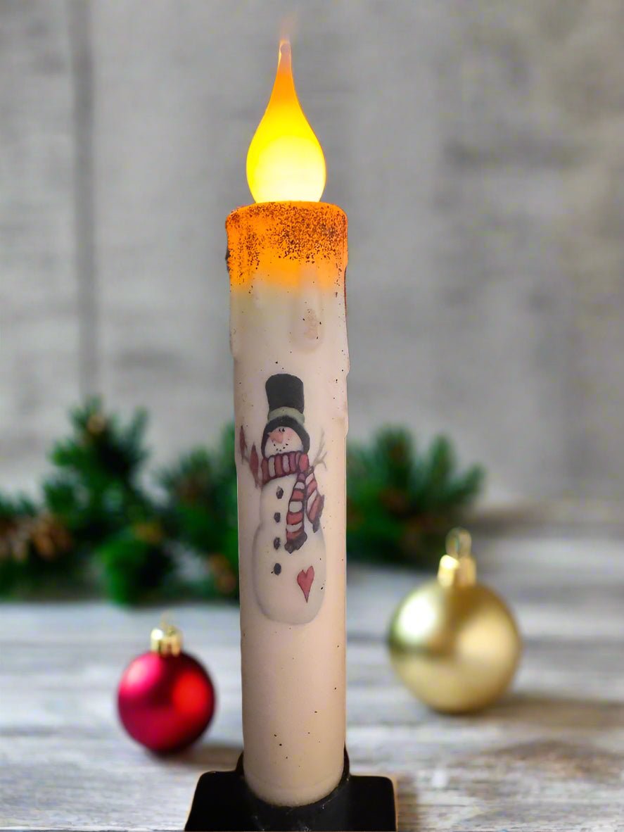 Primitive Christmas 7&quot; Snowman with Cardinals LED Timer Taper Candle - The Primitive Pineapple Collection
