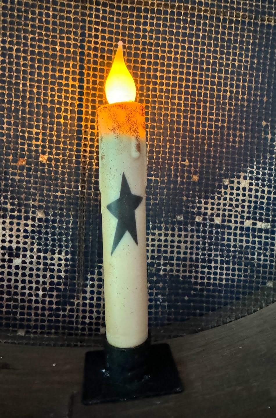 Primitive Handcrafted Colonial Black Star 7&quot;H Led Timer Taper Candle