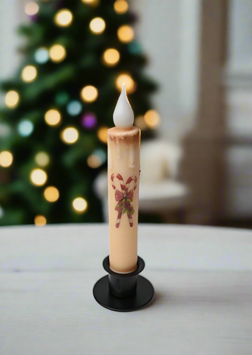 Handcrafted Christmas 7&quot;Dusted Candy Cane and Holly Led Timer Taper Candle