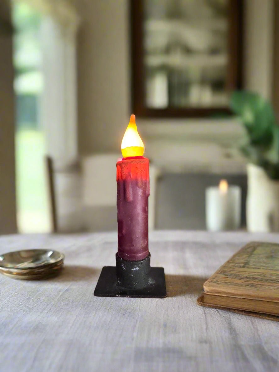 Primitive Country 4&quot; Battery Operated Burgundy Taper Candle W/Timer - The Primitive Pineapple Collection