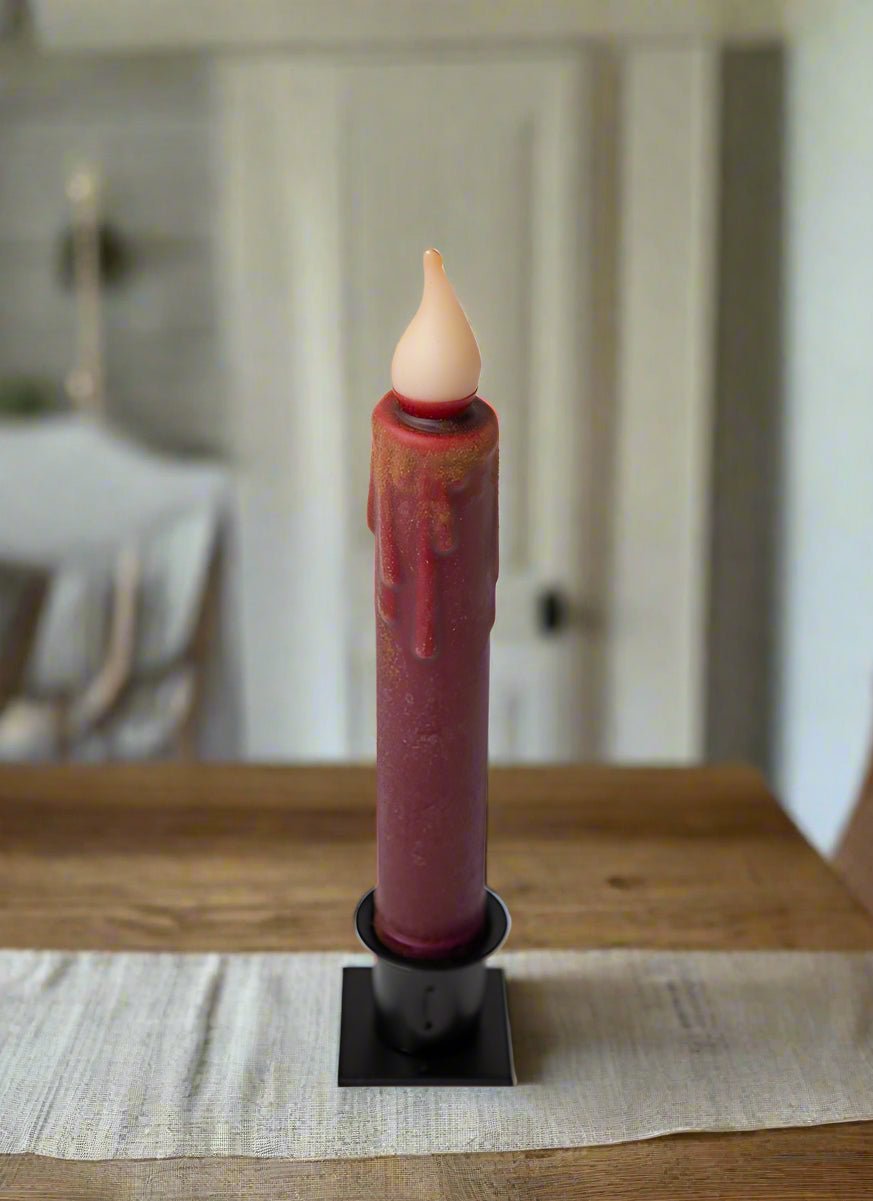 Primitive Country 7&quot; Battery Operated Burgundy Taper Candle W/Timer - The Primitive Pineapple Collection