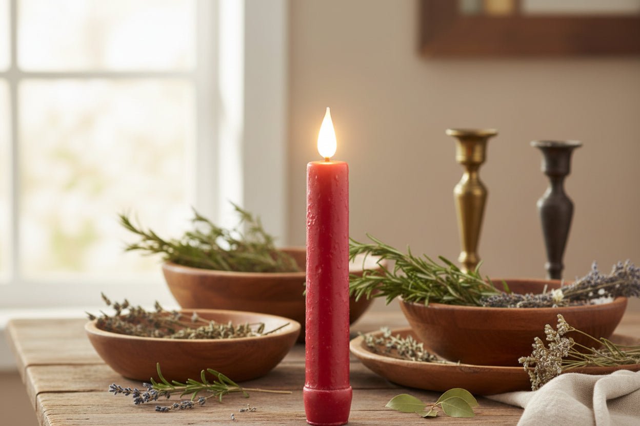 Primitive Rustic 6.25" Red Colored LED Taper Candle w/ Timer - The Primitive Pineapple Collection