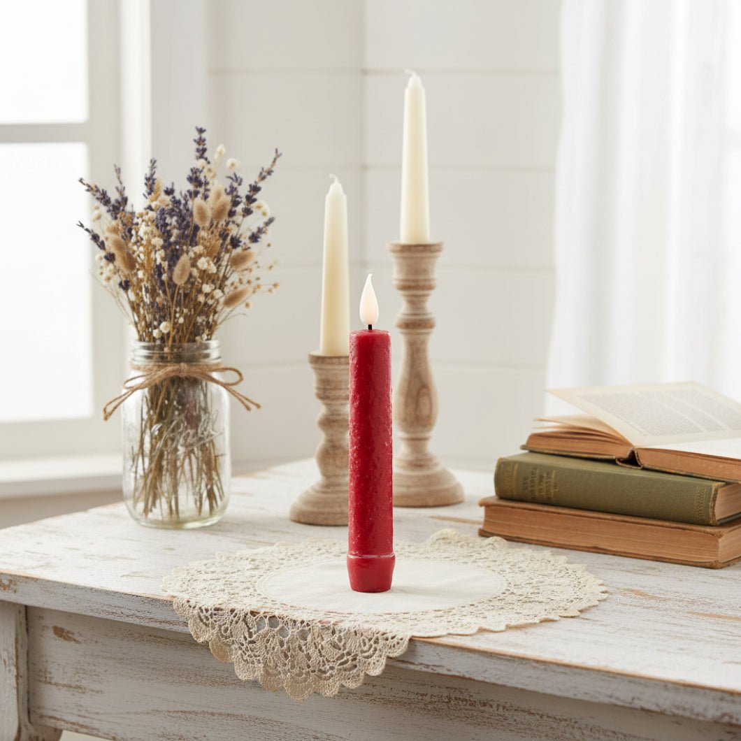 Primitive Rustic 6.25" Red Colored LED Taper Candle w/ Timer - The Primitive Pineapple Collection