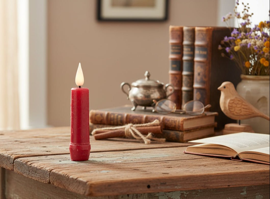 Primitive Rustic 4.25" Red Colored LED Taper Candle w/ Timer - The Primitive Pineapple Collection