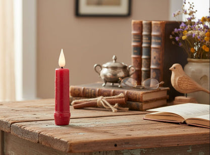 Primitive Rustic 4.25" Red Colored LED Taper Candle w/ Timer - The Primitive Pineapple Collection