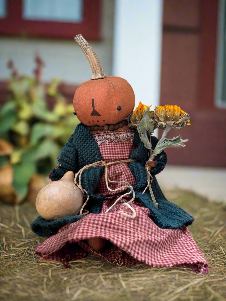 Primitive Handcrafted Pumpkin Doll Lynn w/ Gourd 12&quot; - The Primitive Pineapple Collection