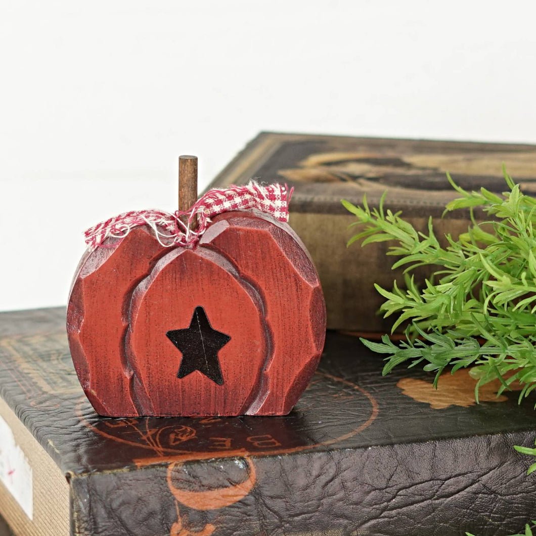 Primitive Rustic Halloween 4.5&quot; Chunky Wood Pumpkin w/Star Shelf Sitter - The Primitive Pineapple Collection