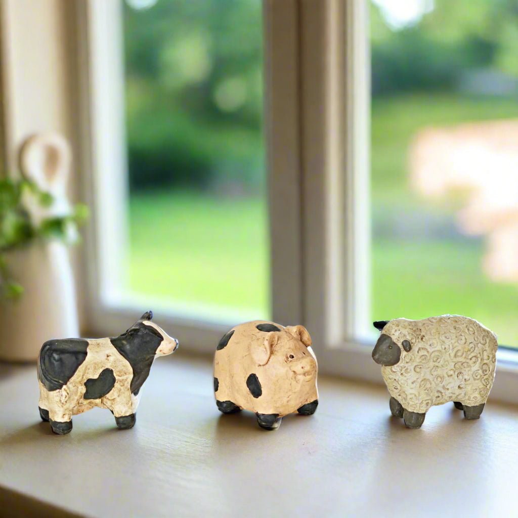 Primitive Folk Art 3 pc Pig, Sheep and Cow Figurine Shelf Sitters 2&quot; - The Primitive Pineapple Collection