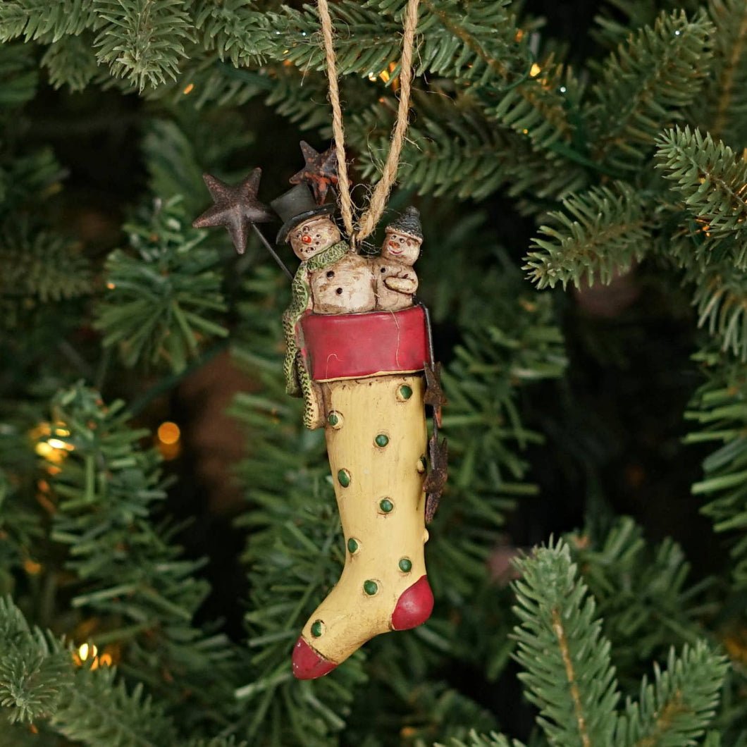 Primitive Christmas Old World Stocking w/ Snowmen Ornament 4.5&quot; - The Primitive Pineapple Collection