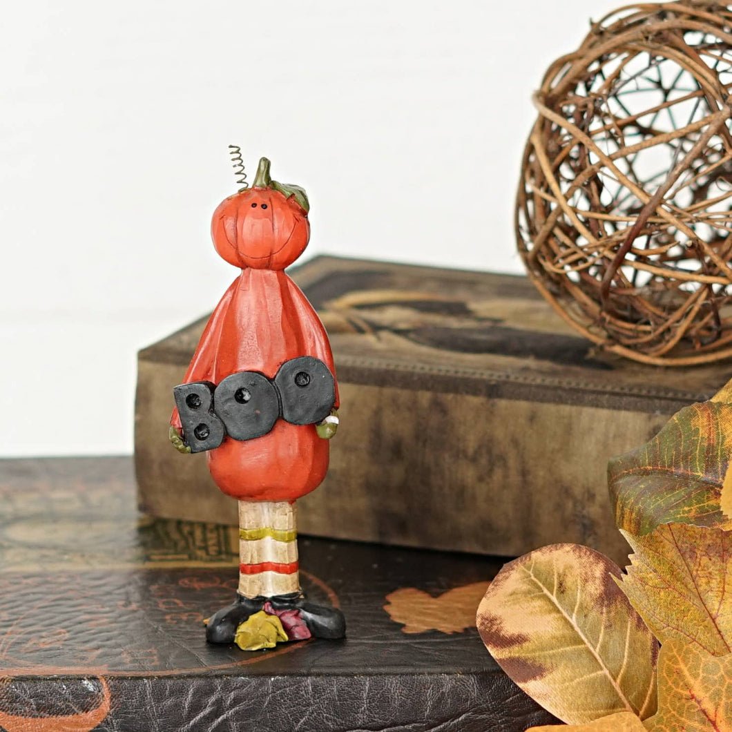Primitive Halloween Jack O Lantern Boy w/ Boo Sign Figurine 5&quot; Shelf Sitter - The Primitive Pineapple Collection