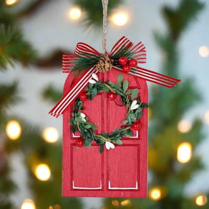 Primitive Christmas 5.5&quot; Red Colonial Door with Wreath Ornament