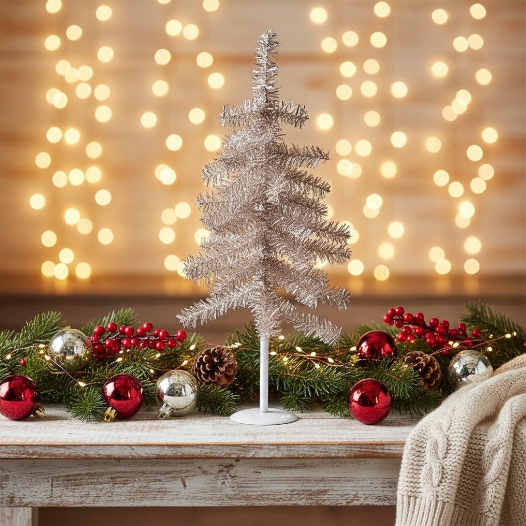 Primitive Christmas Retro Looking Snazzy Champagne Tinsel Tree 21"