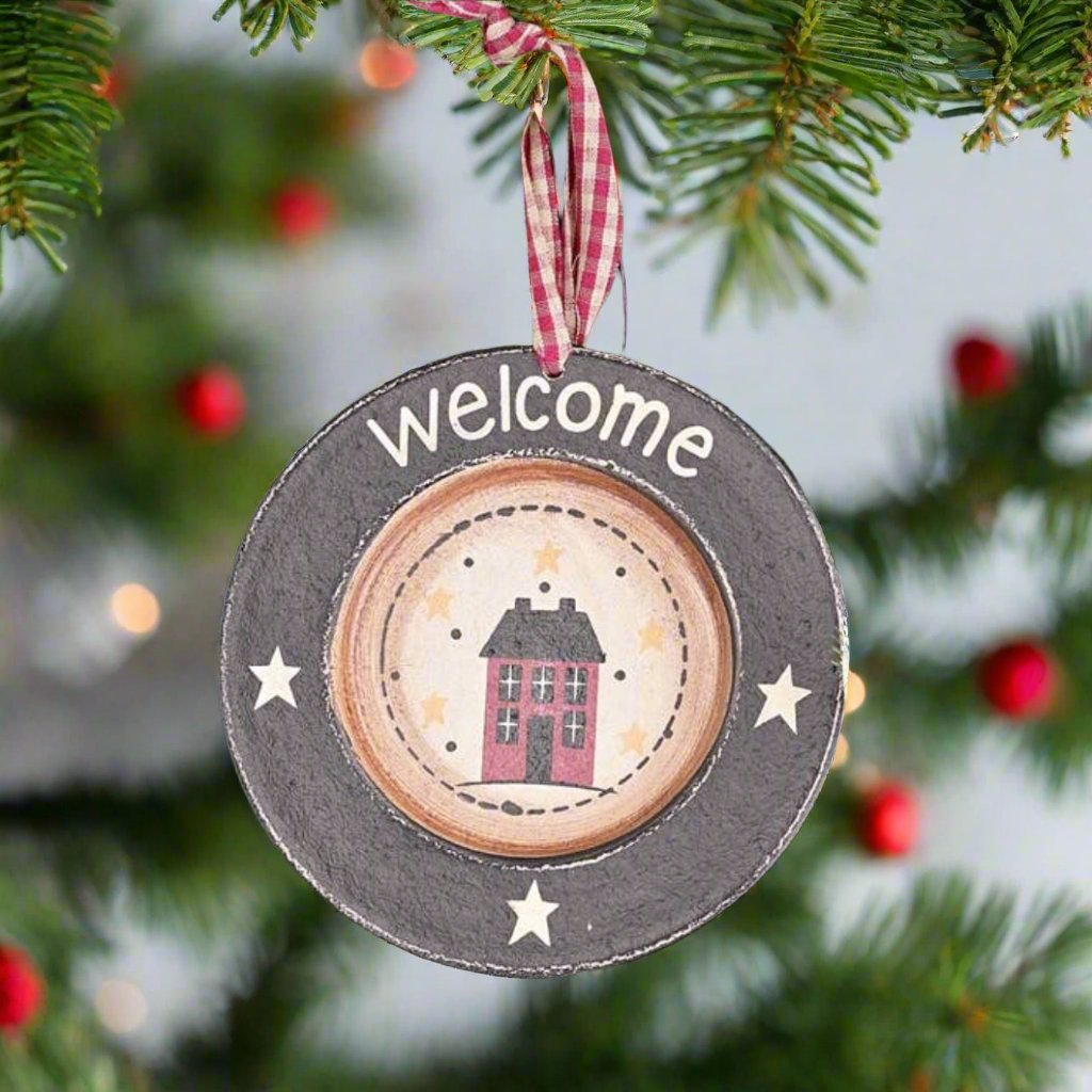 Primitive Christmas 6&quot; Wood Welcome Saltbox House Wood Plate Ornament