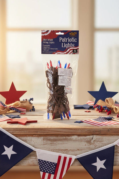 Patriotic Red, White, &amp; Blue String Lights - 20 ct. Brown Wire for Primitive &amp; Americana Decor - The Primitive Pineapple Collection