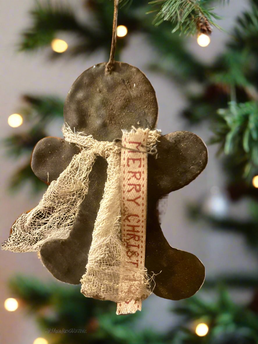 Primitive Handcrafted 6.25&quot; Rustic Merry Christmas Gingerbread Man Ornament