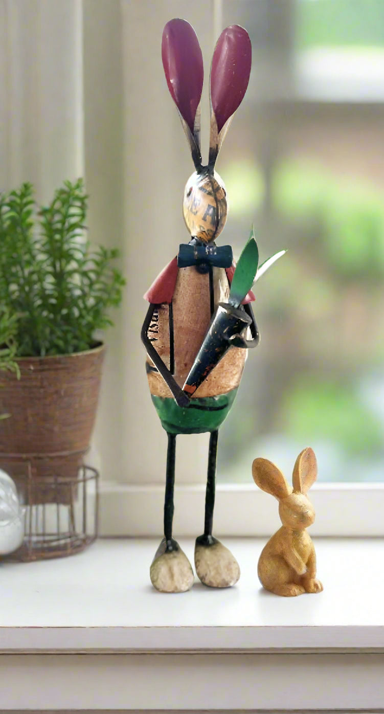 Primitive Spring Easter Recycled Metal Bunny with Carrot Figurine 15&quot;