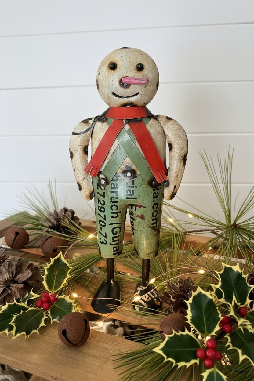 Primitive Christmas 10&quot; Recycled Metal Olaf Snowman w/ Red Scarf - The Primitive Pineapple Collection