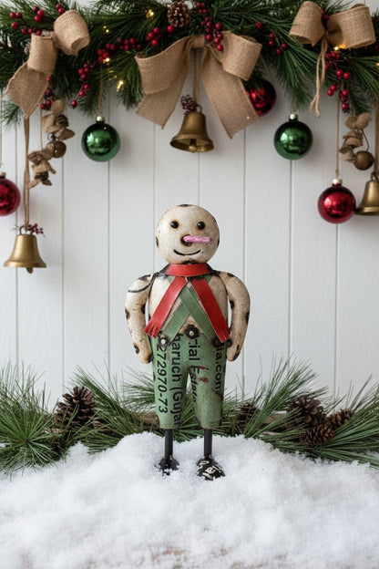 Primitive Christmas 10&quot; Recycled Metal Olaf Snowman w/ Red Scarf - The Primitive Pineapple Collection