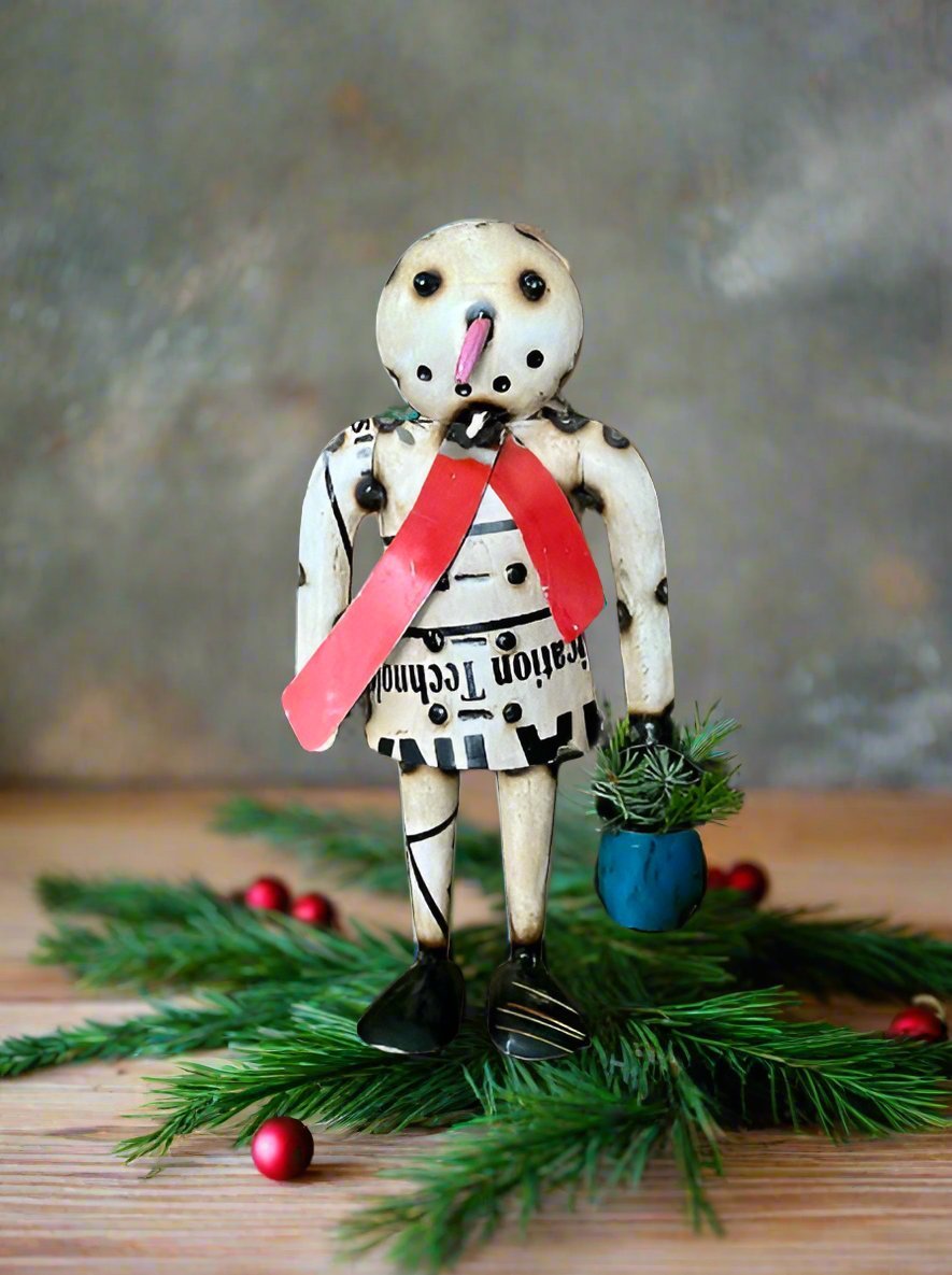 Primitive Christmas 9.5" Recycled Metal Mr Ice Snowman w/ Pail - The Primitive Pineapple Collection