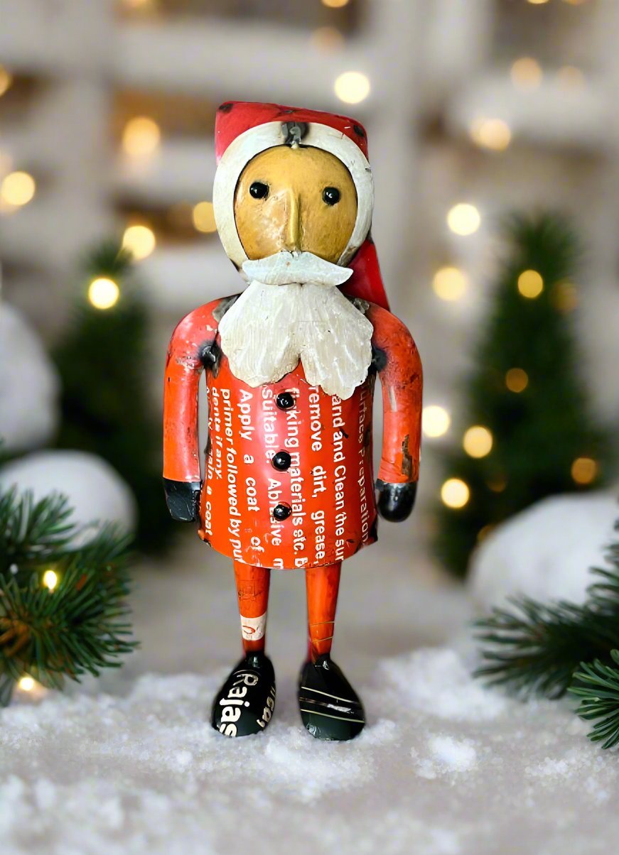 Primitive Christmas 11" Recycled Metal Gathering Red Santa w/ Pail - The Primitive Pineapple Collection