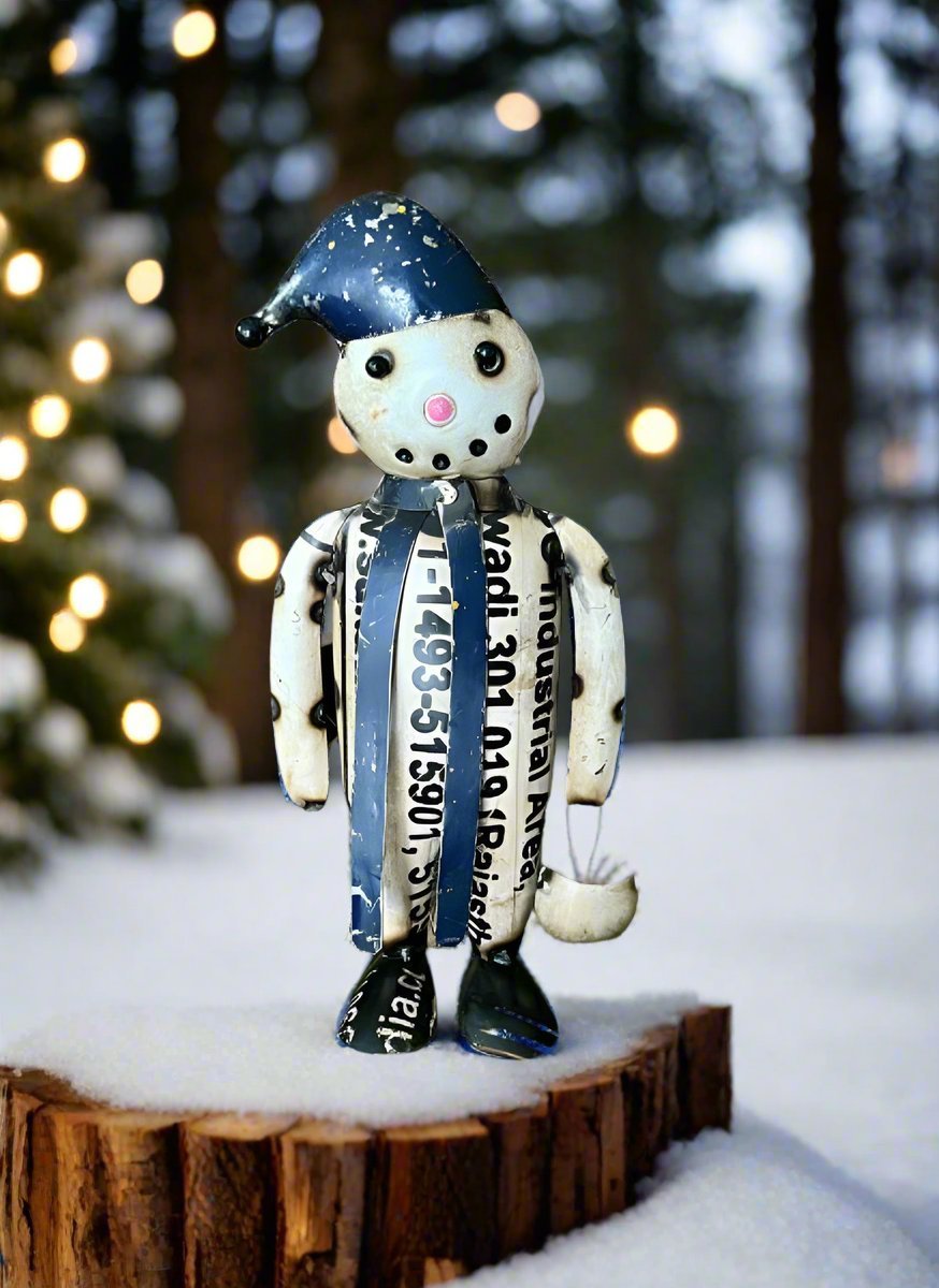Primitive Christmas 10" Recycled Metal Blue Snowman with Pail - The Primitive Pineapple Collection
