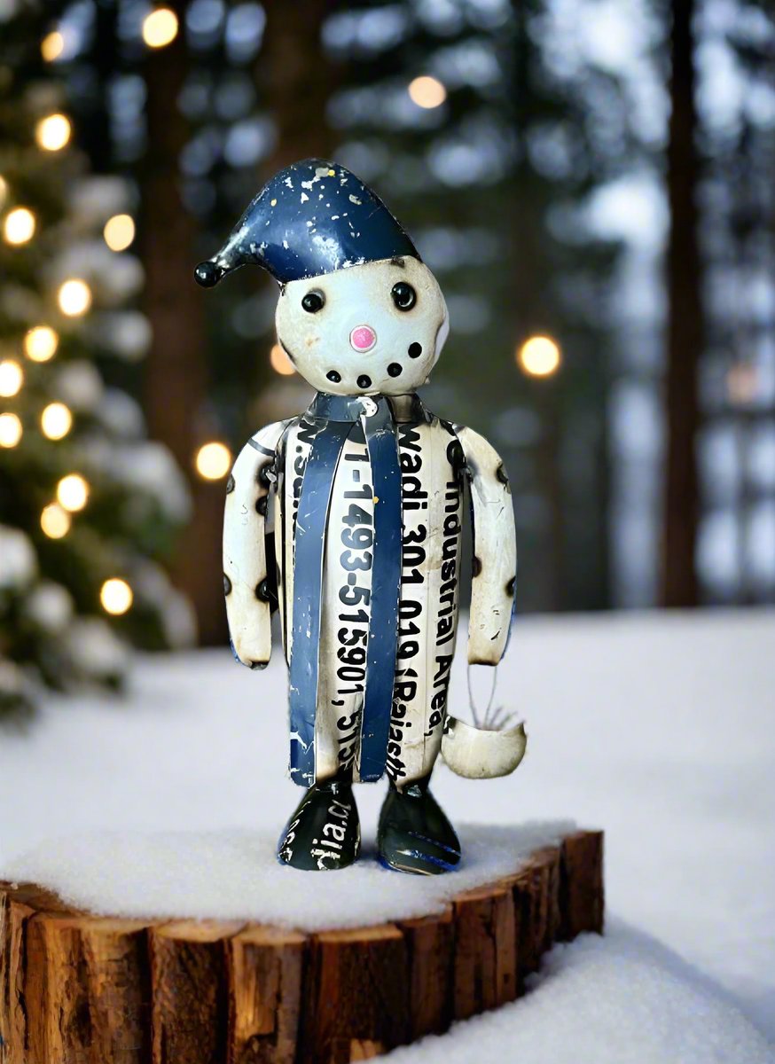 Primitive Christmas 10&quot; Recycled Metal Blue Snowman with Pail