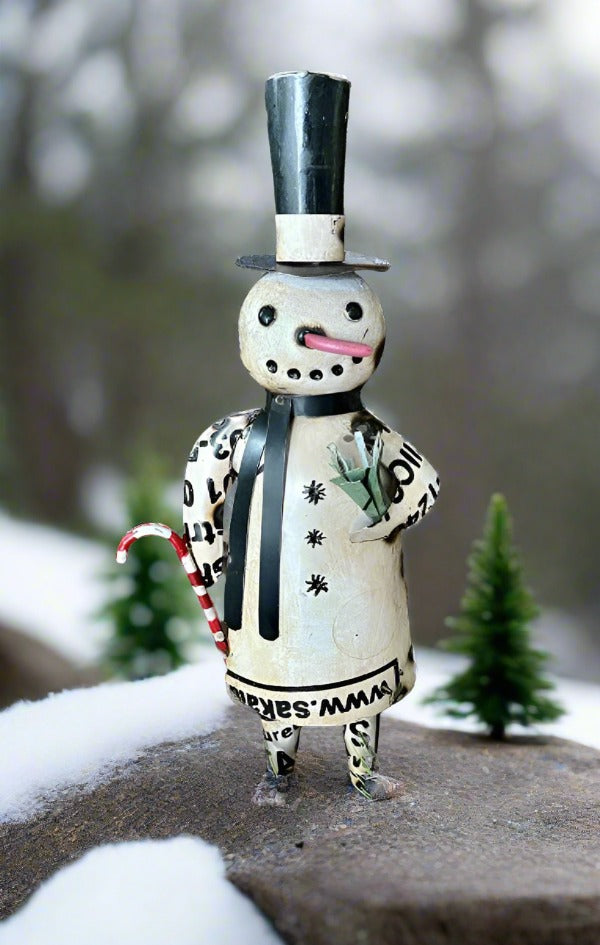 Primitive Christmas 12.5&quot; Recycled Metal Snowman w/ Top Hat and Candy Cane