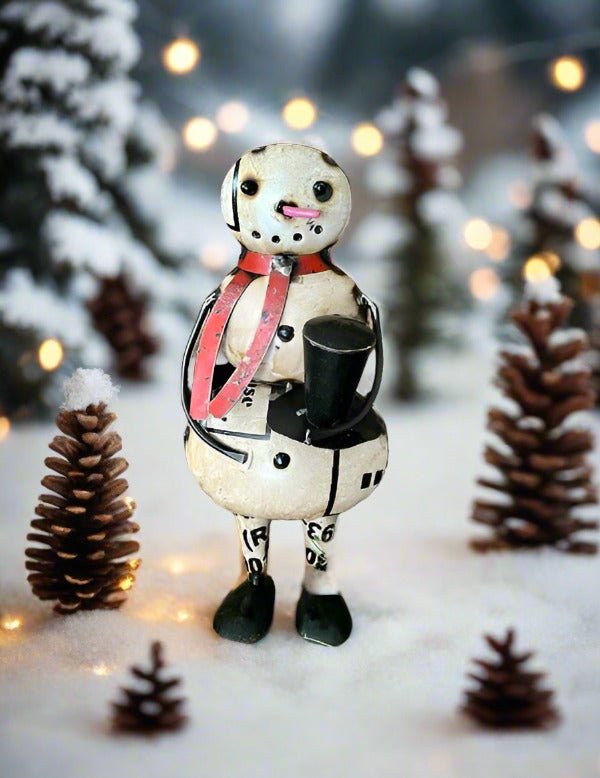 Primitive Christmas 9.75" Recycled Metal Snowman w/ Top Hat and Scarf - The Primitive Pineapple Collection