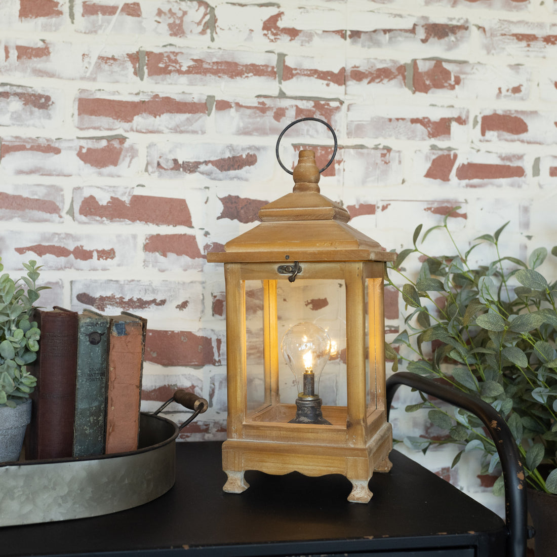 Primitive Farmhouse 16&quot; Led Battery Ella Wood Lantern/ Accent Light