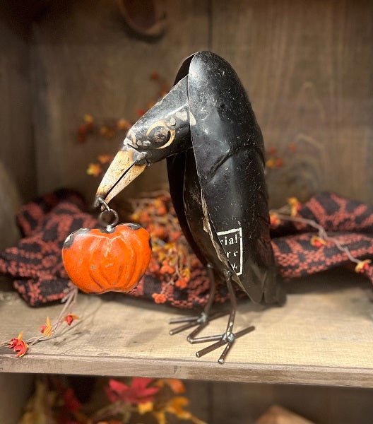 Primitive Halloween Fall Recycled Metal Black Raven Crow w/ Pumpkin 11.5&quot; - The Primitive Pineapple Collection