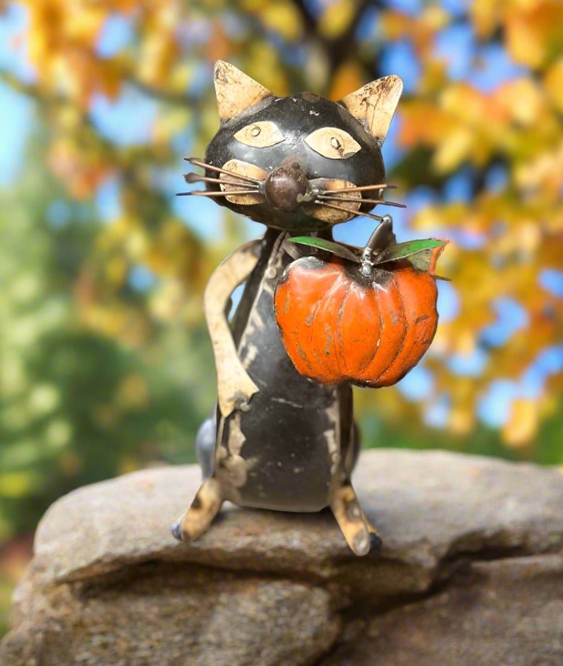 Primitive Halloween Recycled Metal Black Cat with Pumpkin 9" - The Primitive Pineapple Collection