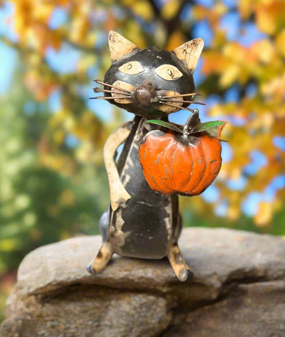 Primitive Halloween Recycled Metal Black Cat with Pumpkin 9&quot;