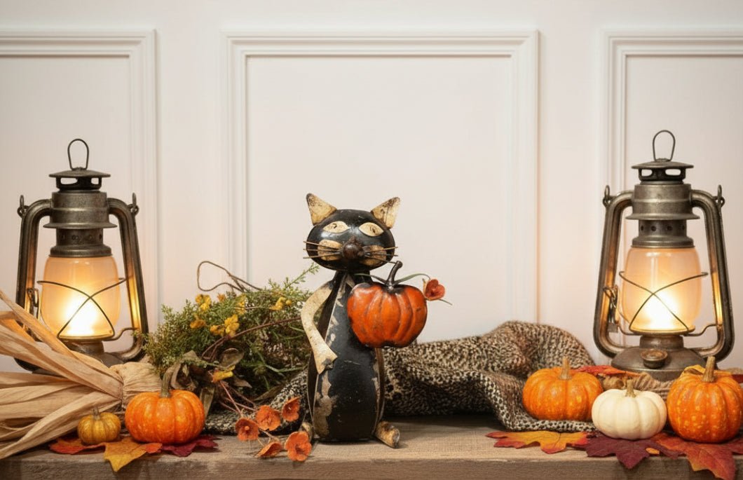 Primitive Halloween Recycled Metal Black Cat with Pumpkin 9" - The Primitive Pineapple Collection