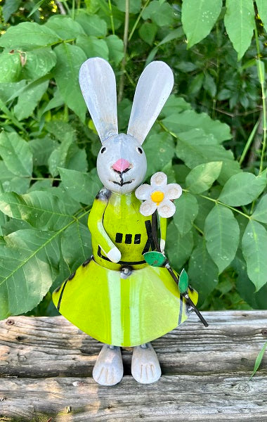 Primitive Spring Easter Recycled Metal Daisy Bunny with Carrot Figurine 12&quot;