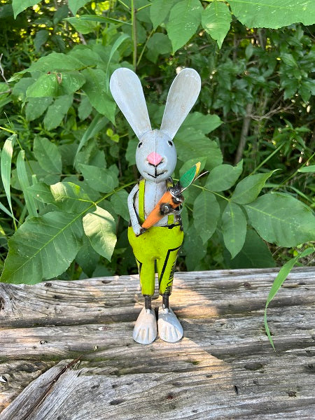 Primitive Spring Easter Recycled Metal Larry Bunny with Carrot Figurine 12&quot;
