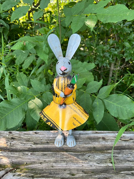 Primitive Spring Easter Recycled Metal Lucy Bunny with Carrot Figurine 12&quot;