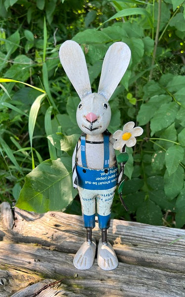 Primitive Spring Easter Recycled Metal Drake Bunny with Daisy Figurine 12&quot;