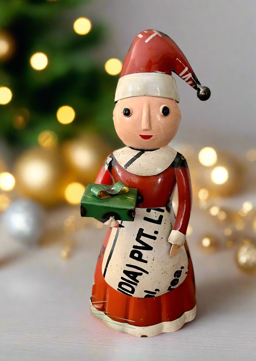 Primitive Christmas 10" Recycled Metal Mrs Claus w/ Present Figurine - The Primitive Pineapple Collection