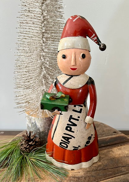 Primitive Christmas 10&quot; Recycled Metal Mrs Claus w/ Present Figurine