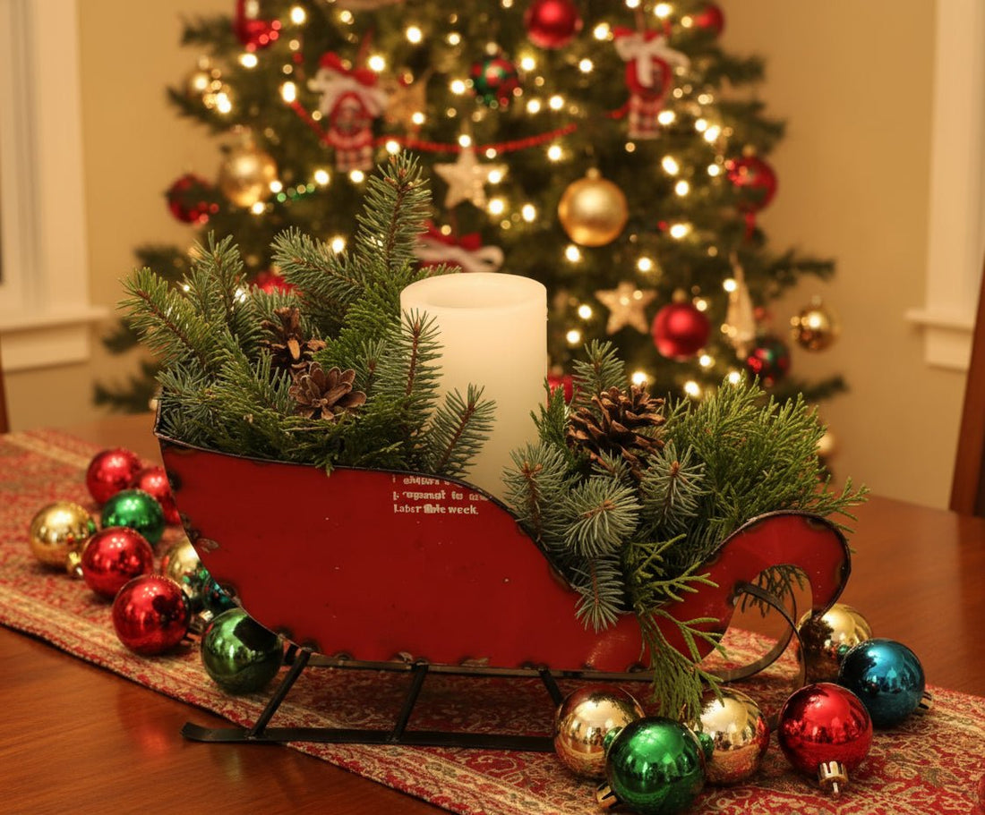 Primitive Christmas 13.5&quot; Recycled Metal Tabletop Red Santa Sleigh Figurine - The Primitive Pineapple Collection