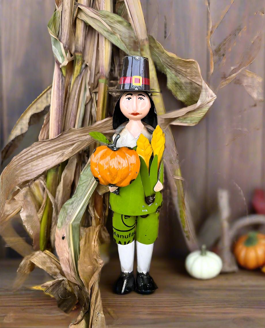 Primitive Fall Thanksgiving Recycled Metal 11.5&quot; Pilgrim w/ Pumpkin/Corn - The Primitive Pineapple Collection
