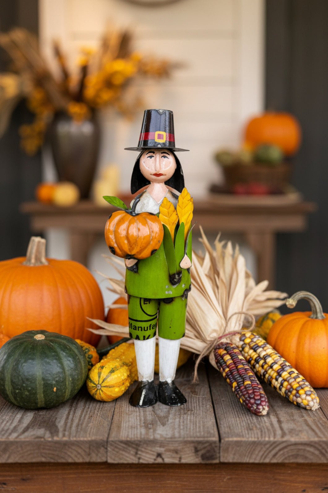 Primitive Fall Thanksgiving Recycled Metal 11.5" Pilgrim w/ Pumpkin/Corn - The Primitive Pineapple Collection