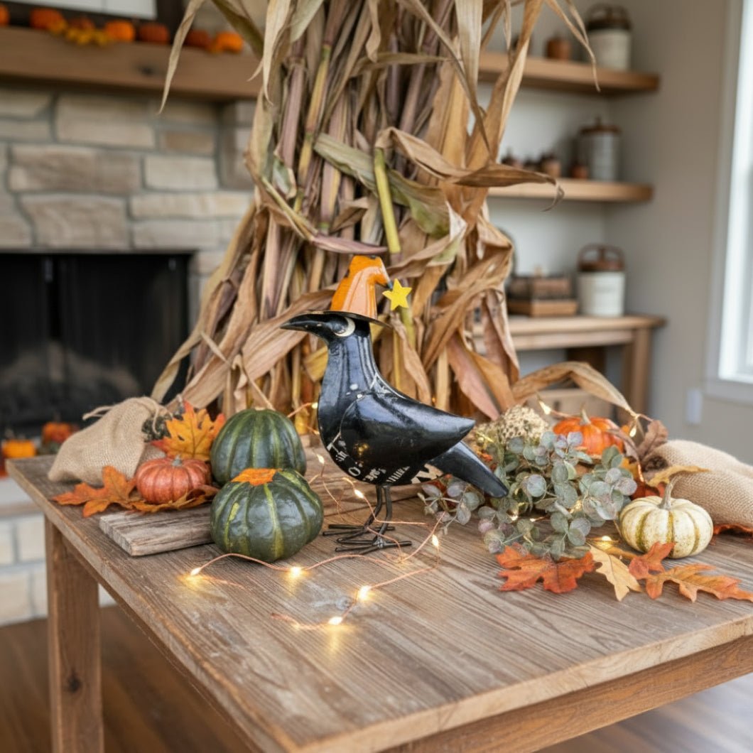 Primitive Halloween Fall Recycled Metal Black Crow w/ Witch Hat 11" - The Primitive Pineapple Collection