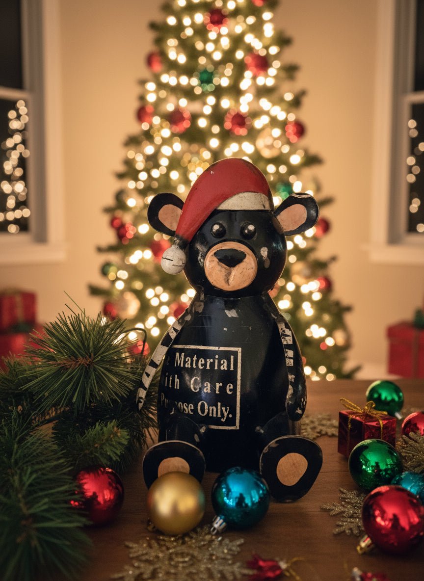 Primitive Christmas 9&quot; Recycled Metal Christmas Bear w/ Santa Hat Figurine - The Primitive Pineapple Collection