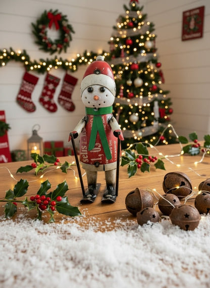Primitive Christmas 12.25&quot; Recycled Metal Stuart Snowman with Ski&