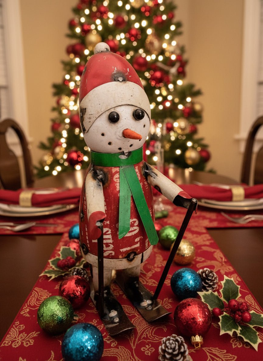 Primitive Christmas 12.25&quot; Recycled Metal Stuart Snowman with Ski&